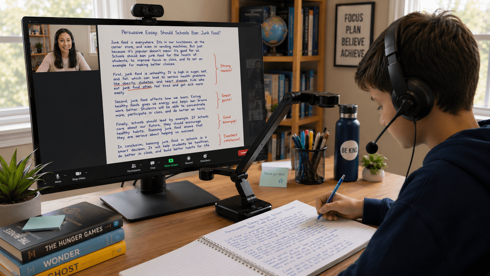 Tutor and student in a live Smavy session, with the student's handwritten notebook visible on screen alongside their tutor